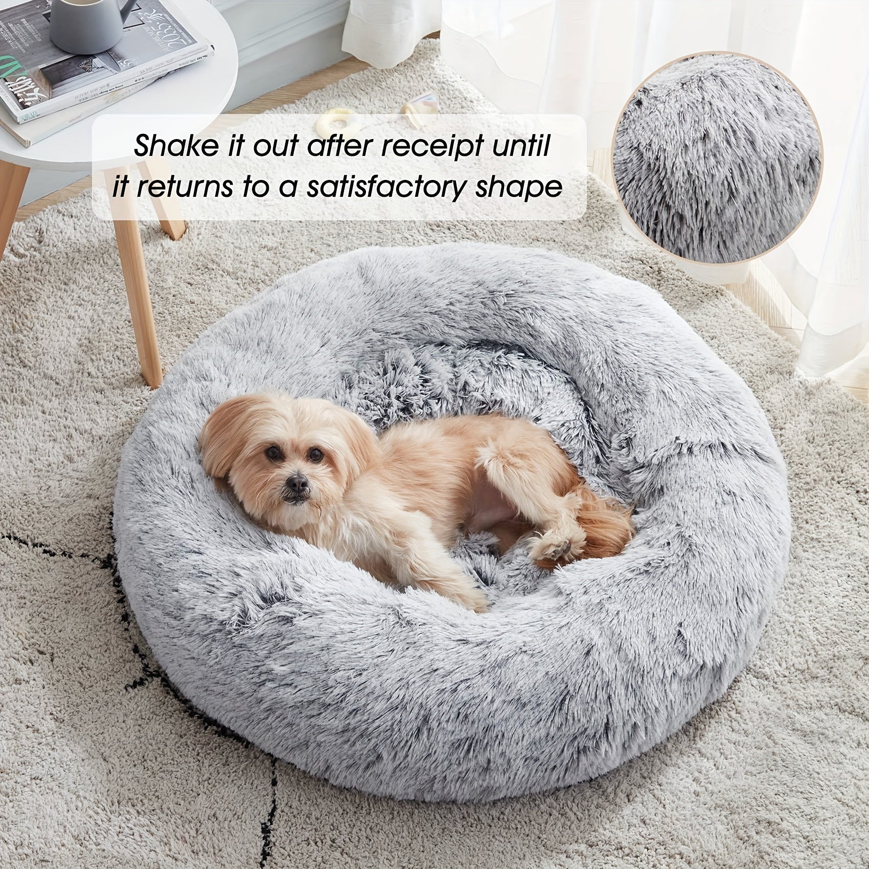 1pc Calming Dog & Cat Bed, Donut Cuddler Warming Cozy Soft Round Bed, Fluffy Faux Fur Plush Cushion Bed For Small Medium And Large Dogs And Cats (40.64cm/50.8cm/60.96cm/71.12cm/78.74cm/99.06cm) Rivano