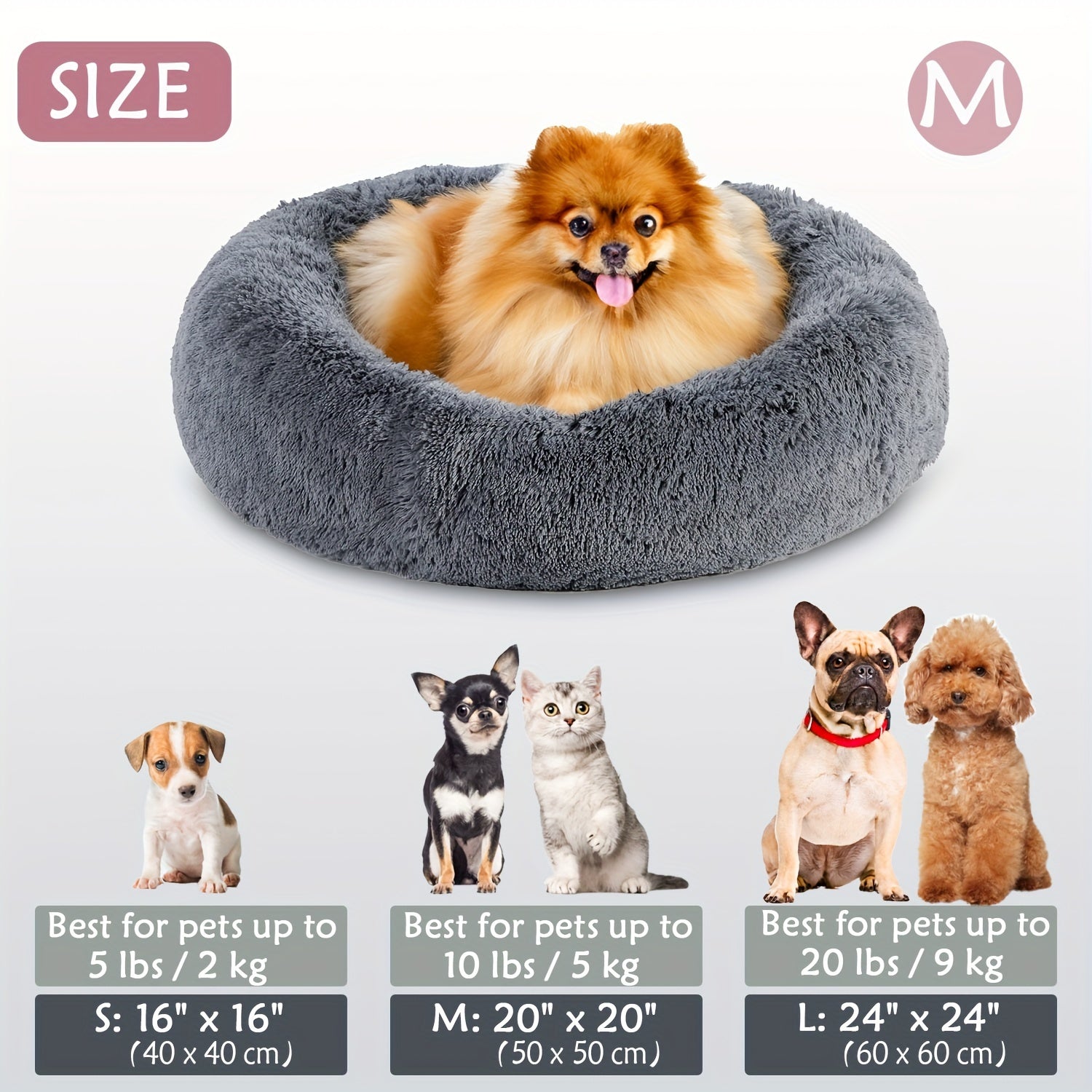 1pc Calming Dog & Cat Bed, Donut Cuddler Warming Cozy Soft Round Bed, Fluffy Faux Fur Plush Cushion Bed For Small Medium And Large Dogs And Cats (40.64cm/50.8cm/60.96cm/71.12cm/78.74cm/99.06cm) Rivano