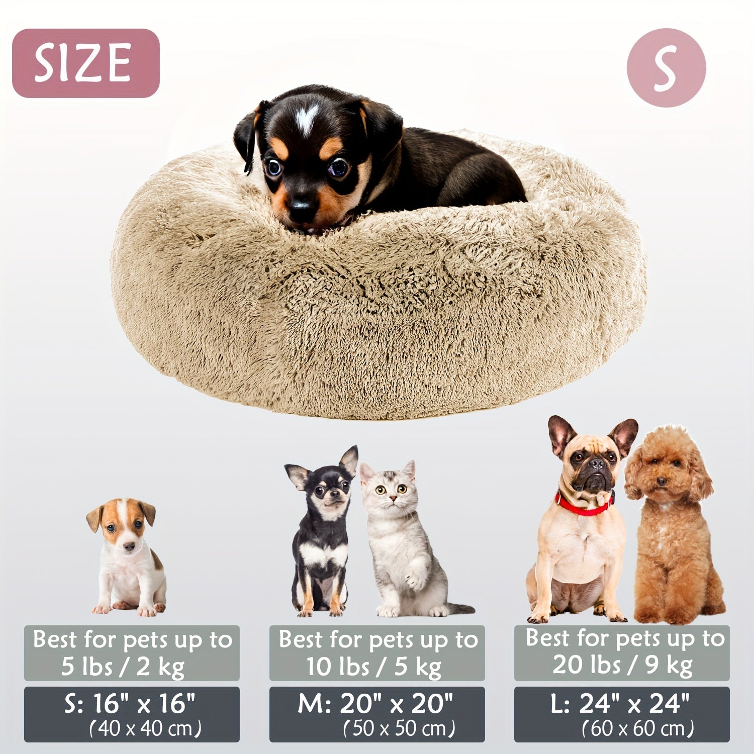 1pc Calming Dog & Cat Bed, Donut Cuddler Warming Cozy Soft Round Bed, Fluffy Faux Fur Plush Cushion Bed For Small Medium And Large Dogs And Cats (40.64cm/50.8cm/60.96cm/71.12cm/78.74cm/99.06cm) Rivano