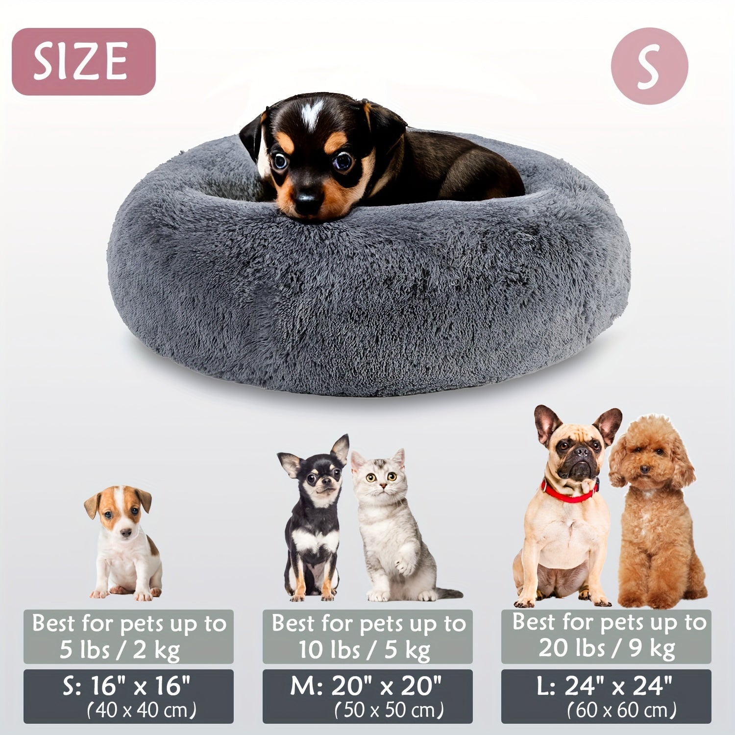 1pc Calming Dog & Cat Bed, Donut Cuddler Warming Cozy Soft Round Bed, Fluffy Faux Fur Plush Cushion Bed For Small Medium And Large Dogs And Cats (40.64cm/50.8cm/60.96cm/71.12cm/78.74cm/99.06cm) Rivano