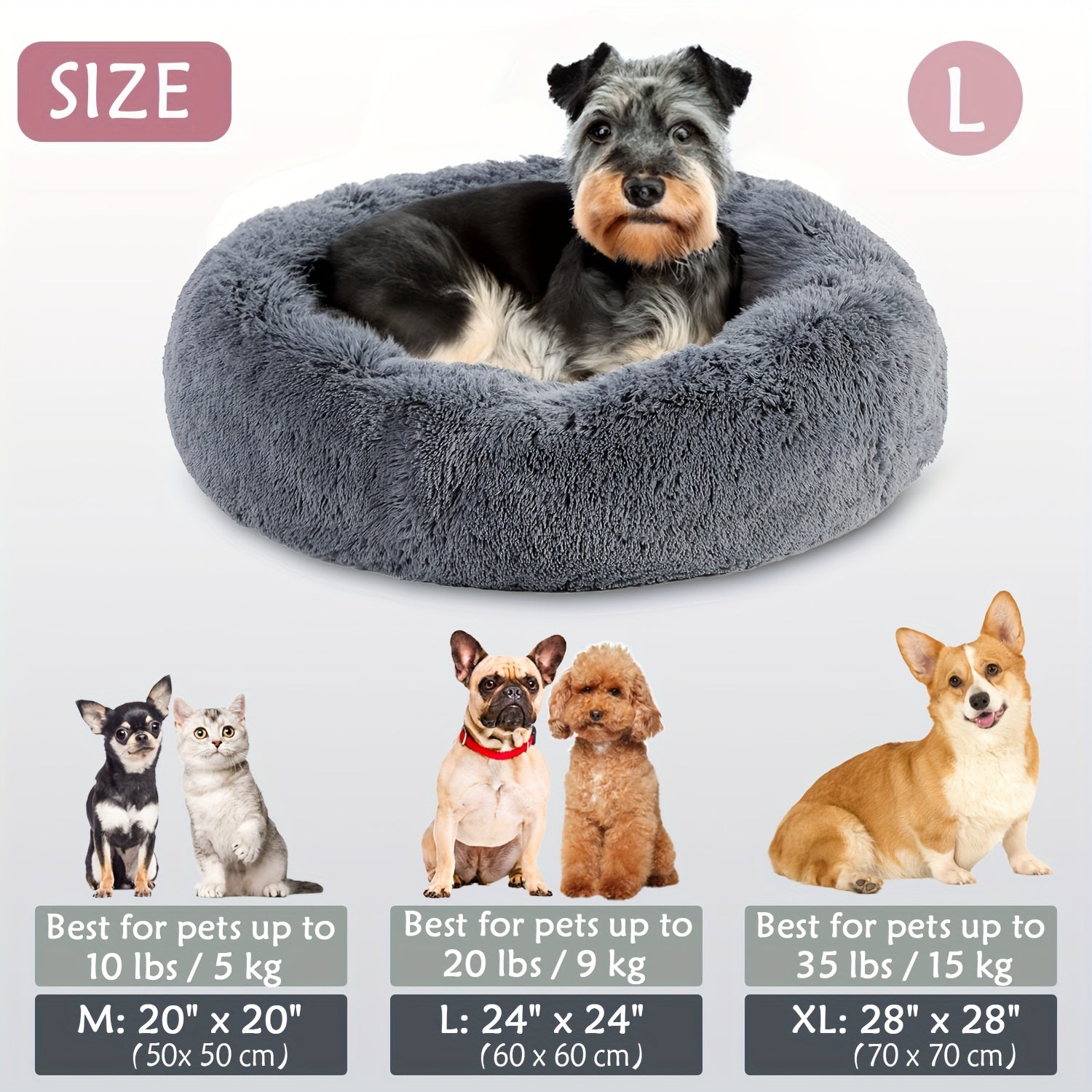 1pc Calming Dog & Cat Bed, Donut Cuddler Warming Cozy Soft Round Bed, Fluffy Faux Fur Plush Cushion Bed For Small Medium And Large Dogs And Cats (40.64cm/50.8cm/60.96cm/71.12cm/78.74cm/99.06cm) Rivano