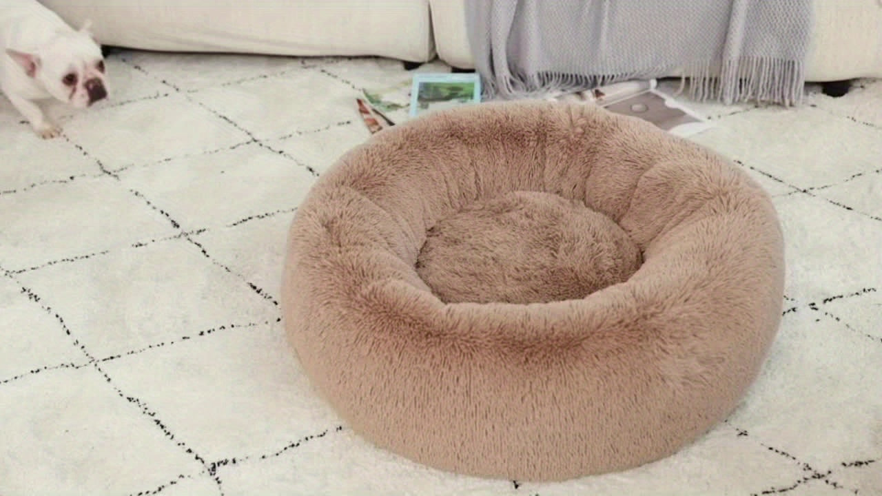 1pc Calming Dog & Cat Bed, Donut Cuddler Warming Cozy Soft Round Bed, Fluffy Faux Fur Plush Cushion Bed For Small Medium And Large Dogs And Cats (40.64cm/50.8cm/60.96cm/71.12cm/78.74cm/99.06cm) Rivano