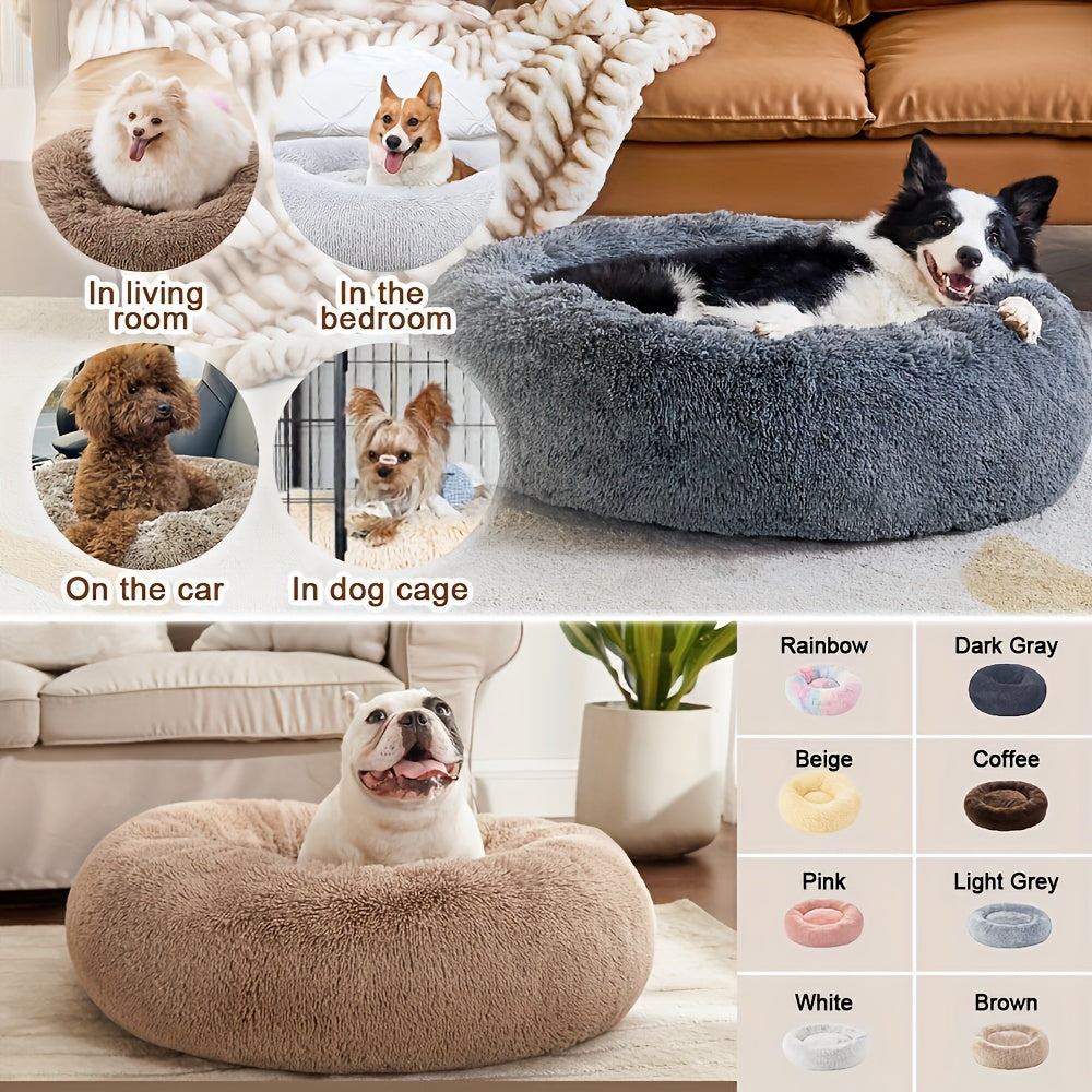 1pc Calming Dog & Cat Bed, Donut Cuddler Warming Cozy Soft Round Bed, Fluffy Faux Fur Plush Cushion Bed For Small Medium And Large Dogs And Cats (40.64cm/50.8cm/60.96cm/71.12cm/78.74cm/99.06cm) Rivano