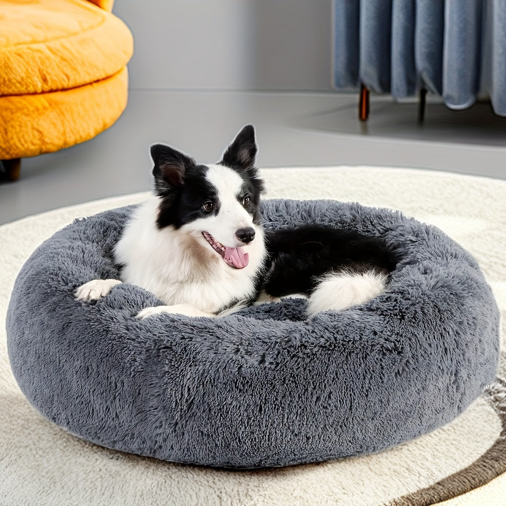 1pc Calming Dog & Cat Bed, Donut Cuddler Warming Cozy Soft Round Bed, Fluffy Faux Fur Plush Cushion Bed For Small Medium And Large Dogs And Cats (40.64cm/50.8cm/60.96cm/71.12cm/78.74cm/99.06cm) Rivano