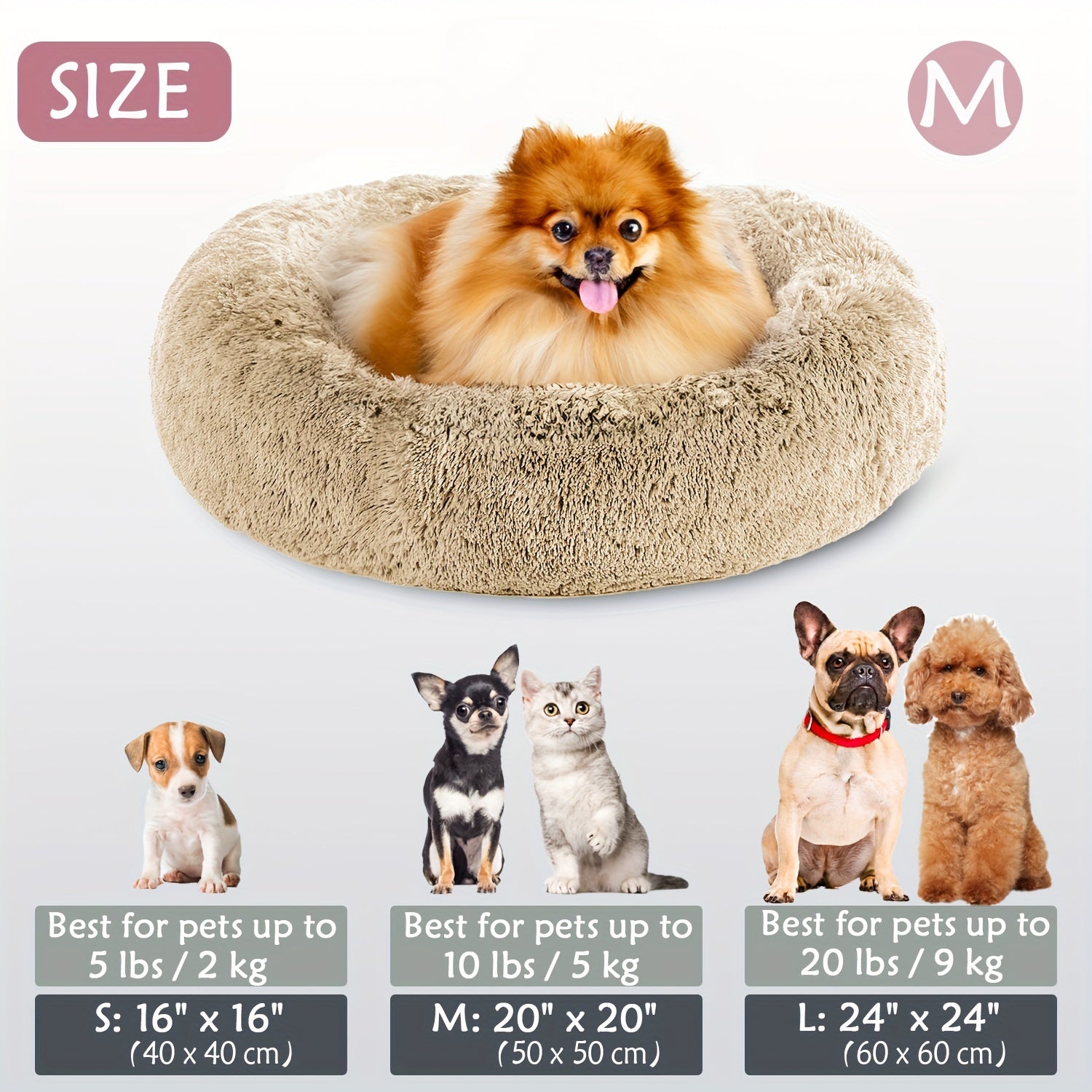 1pc Calming Dog & Cat Bed, Donut Cuddler Warming Cozy Soft Round Bed, Fluffy Faux Fur Plush Cushion Bed For Small Medium And Large Dogs And Cats (40.64cm/50.8cm/60.96cm/71.12cm/78.74cm/99.06cm) Rivano